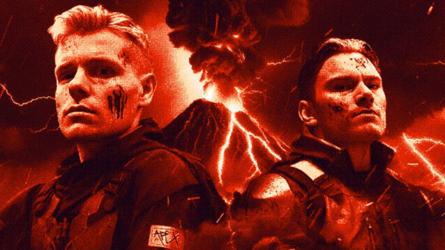 Eki ja Ray poseeraavat dramaattisessa punaisessa valaistuksessa, taustalla tulivuoren purkaus.