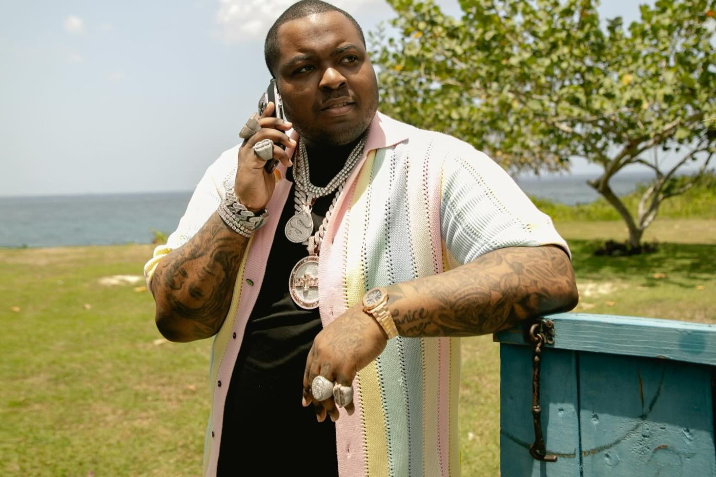 Sean Kingston nojaa puukylttiin puhuen samalla puhelimeen.